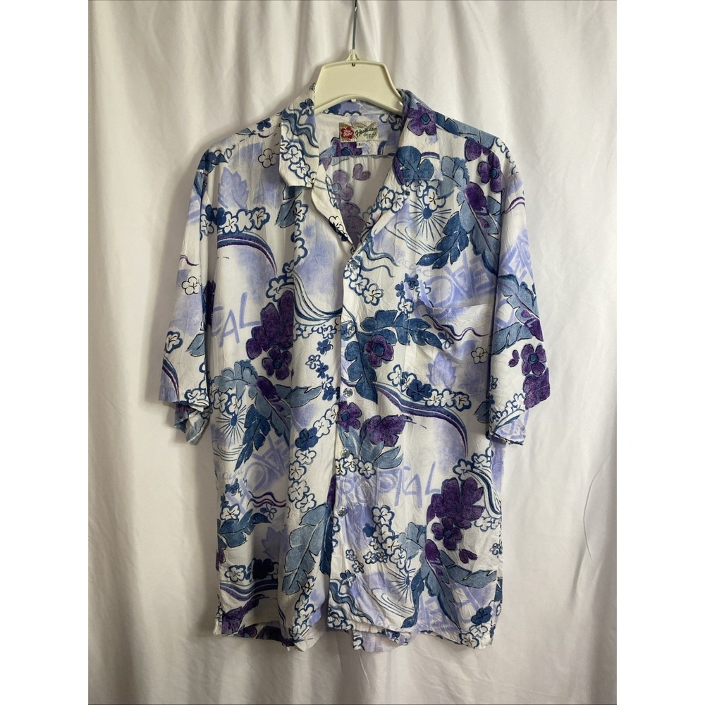 Hilo Hattie‎ Hawaiian Shirt Mens Large White Purple Tropical Floral Rayon